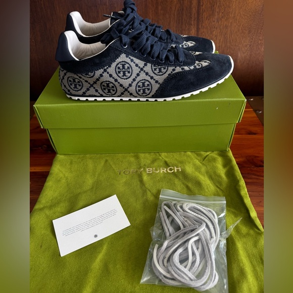Tory Burch Shoes - Tory Burch Field Sneakers Navy T Monogram Calf Leather Size 7 Dust bag box